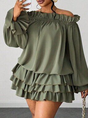 Army Green Casual Women's Plus Size Elegant Off-Shoulder Ruffle Hem Dress